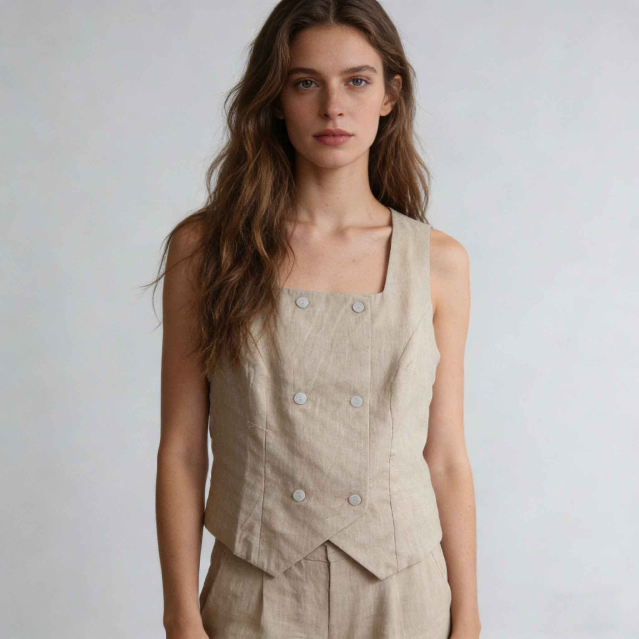 Linen Waistcoat Women 100% Linen Striped Double Breasted Tailored Vest REAL SILK LIFE