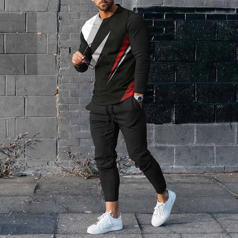 Men's Abstract Pattern Casual Long Sleeve T-Shirt And Pants Co-Ord