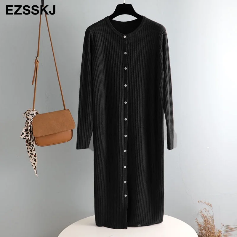 autumn winter o-neck button oversize long sweater dress chic loose knit dress women long dress Female chic sweater maixt dress