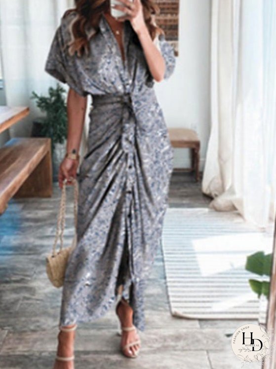 Dresses Textured Print Pleated Lace-Up Short Sleeve Dress for Women