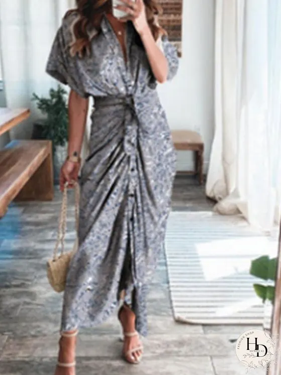 Dresses Textured Print Pleated Lace-Up Short Sleeve Dress for Women