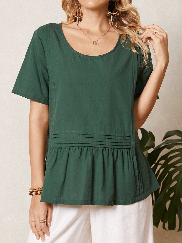 Solid Color O neck Pleated Short Sleeve Vintage Women T shirt P1857585