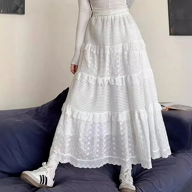 Lace Tiered Maxi Skirt for Women with Elastic Waistband