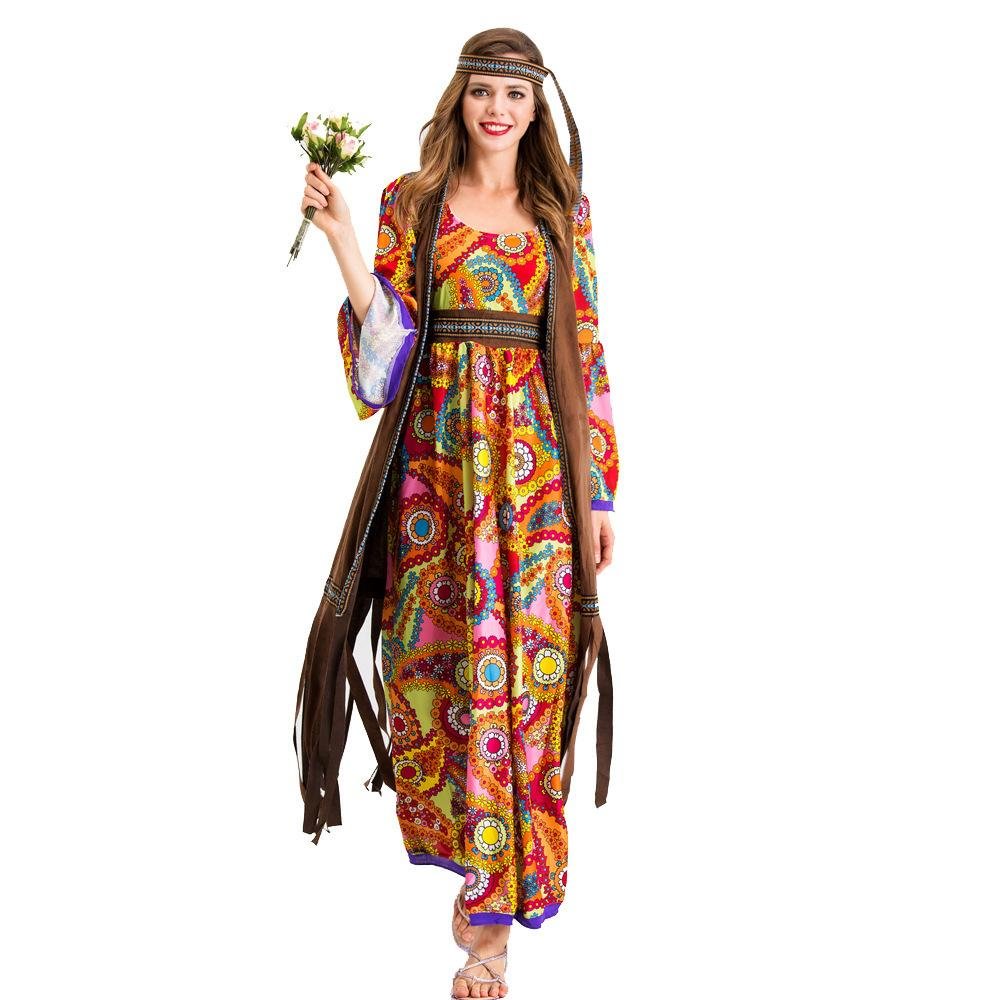 Women Hippie Costume 70's Costume Set Headband Dress and Cape
