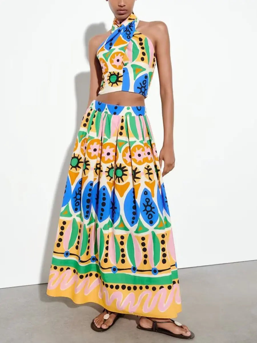 Hanging Neck Tank Top Abstract Print Skirt Two-Pieces Sets