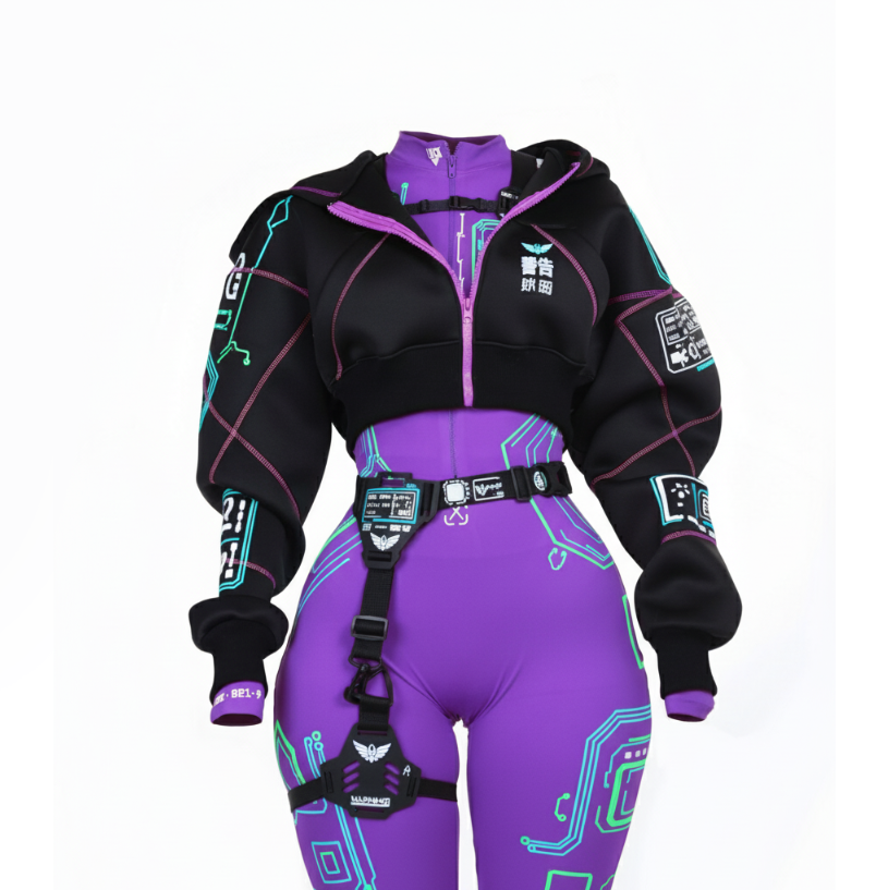 Cyberpunk Functional Style Purple-Black Color-Blocked Set Jacket + Shorts + Leggings Futuristic Tech-Inspired Streetwear