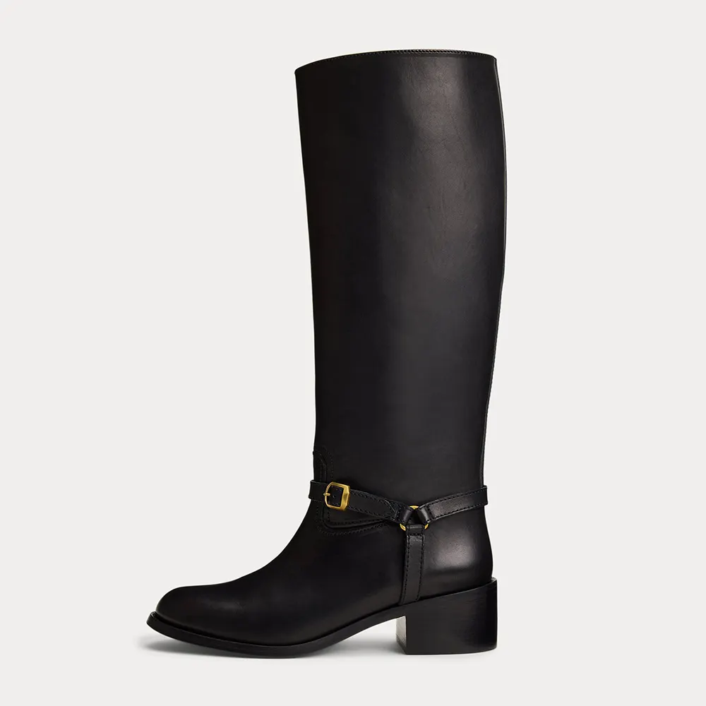 Black Round Toe Chunky Heel Decorative Buckle Knee High Boots