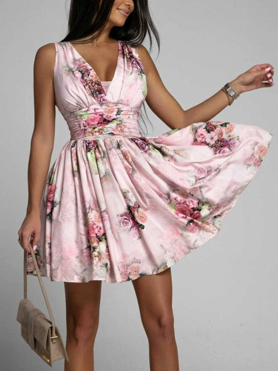 Sexy deep V high waist backless floral dress