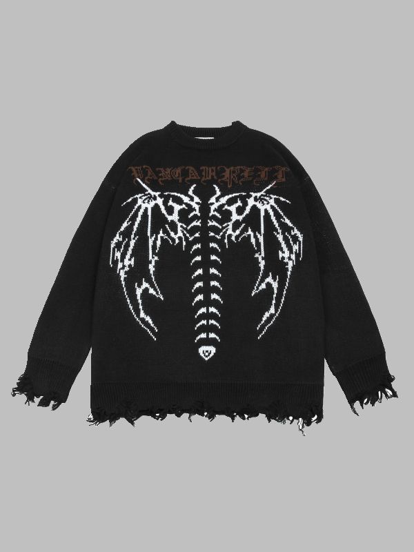 Dark Goth Statement Skull & Letter Jacquard Ripped Fringed Oversize Sweater
