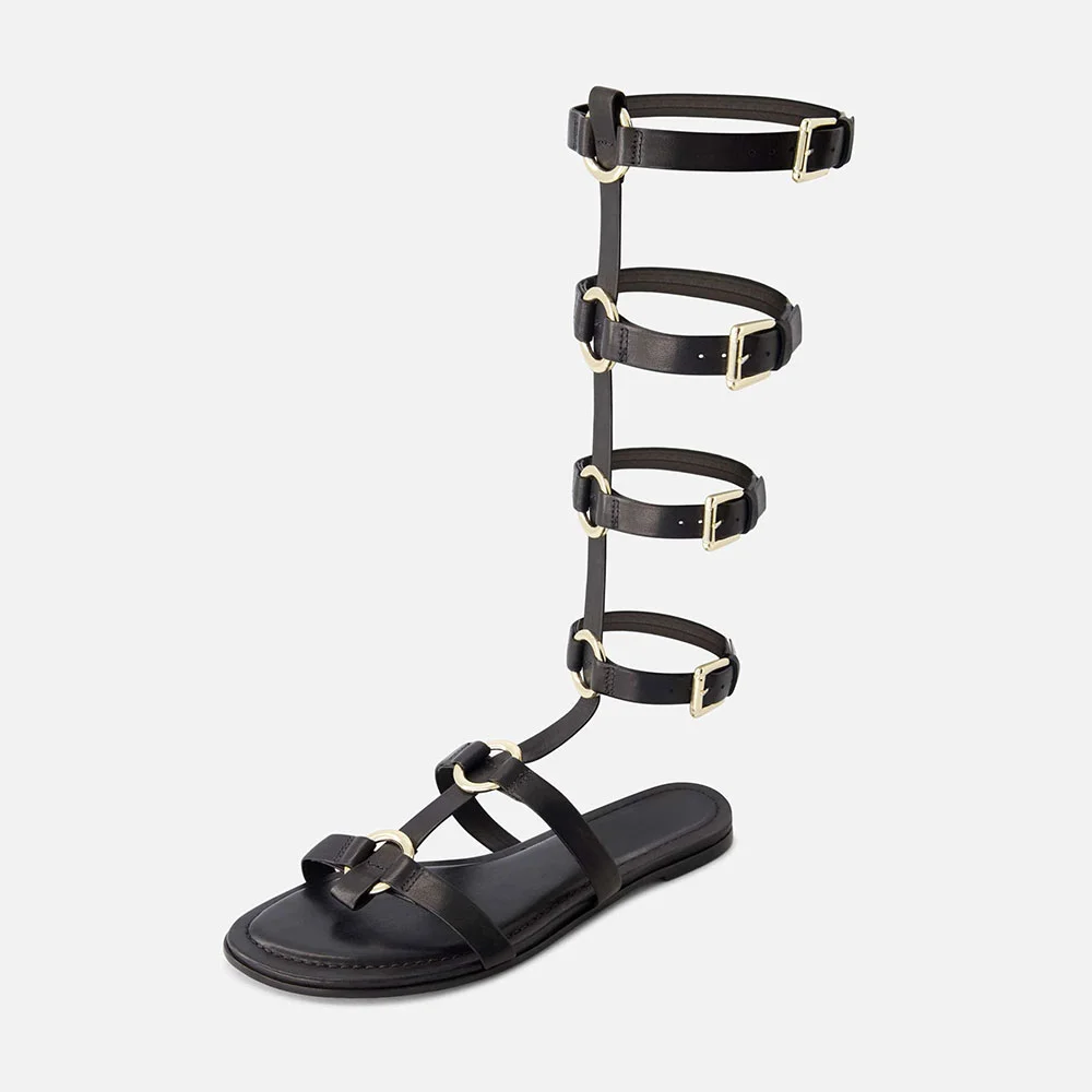 Black Round Toe Flat Buckled Gladiator Women Sandals with Ring