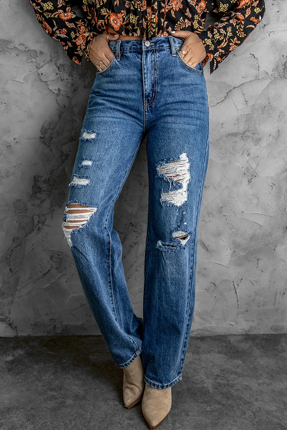 High Waist Distressed Straight Leg Jeans | IFYHOME
