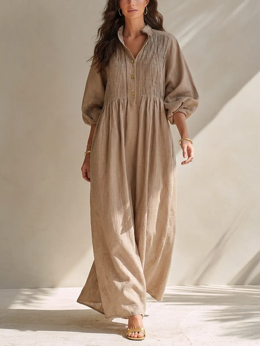 Women's Casual Long-sleeved Maxi Dress In Khaki Cotton-linen Blend MD