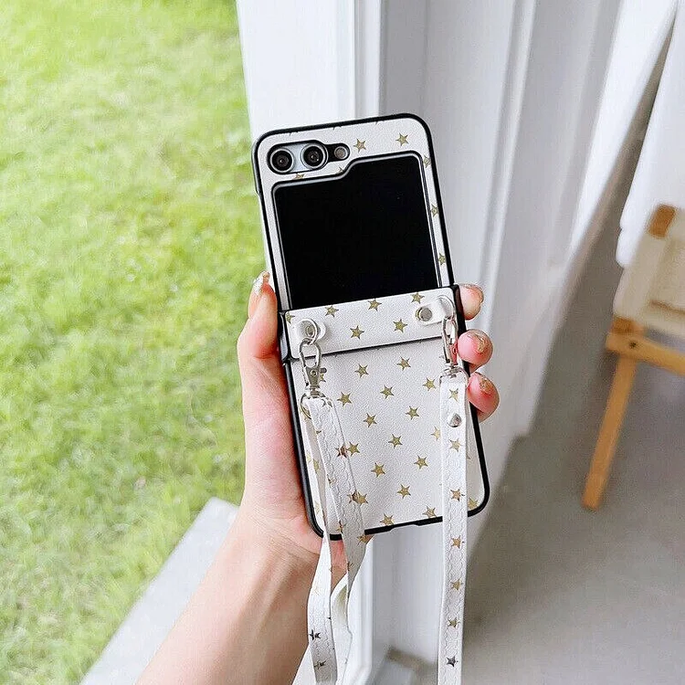 Crossbody Necklace Lanyard Stars Leather Case For Samsung Galaxy Z Flip5 Flip4 Flip3 5G Shockproof Soft Strap Back Cover Funda