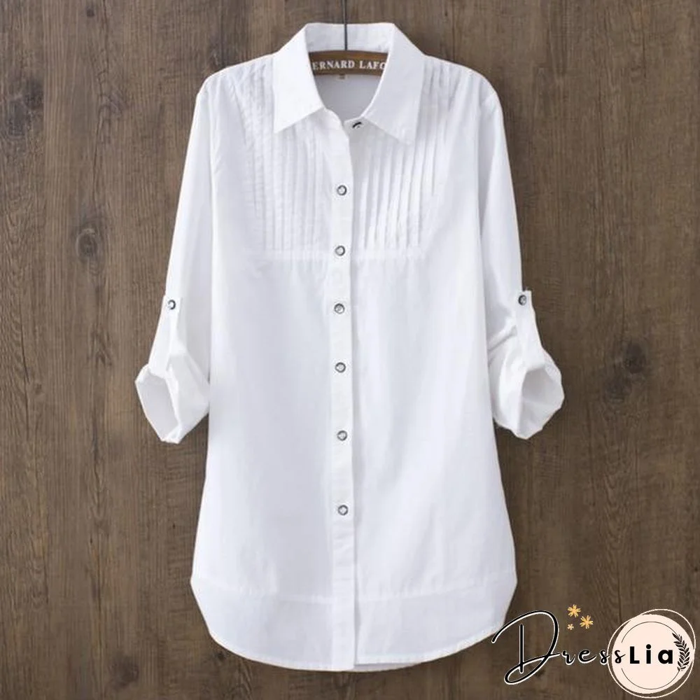 100% Cotton Women White Long-sleeved Slim Blouse Casual Shirts Button Tops