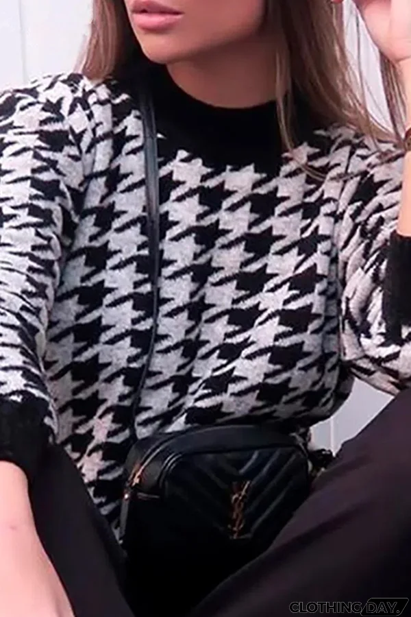 Fashion Street Geometric Patchwork Contrast O Neck Sweater(3 Colors)