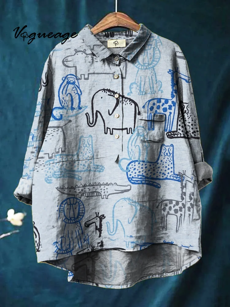 Cartoon Hand Drawn Animals Lion Elephant Giraffe Printed Cotton And Linen Shirt