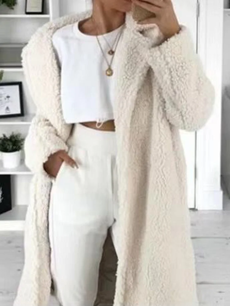 Casual Solid Notch Lapel Long Jacket Woolen Coat