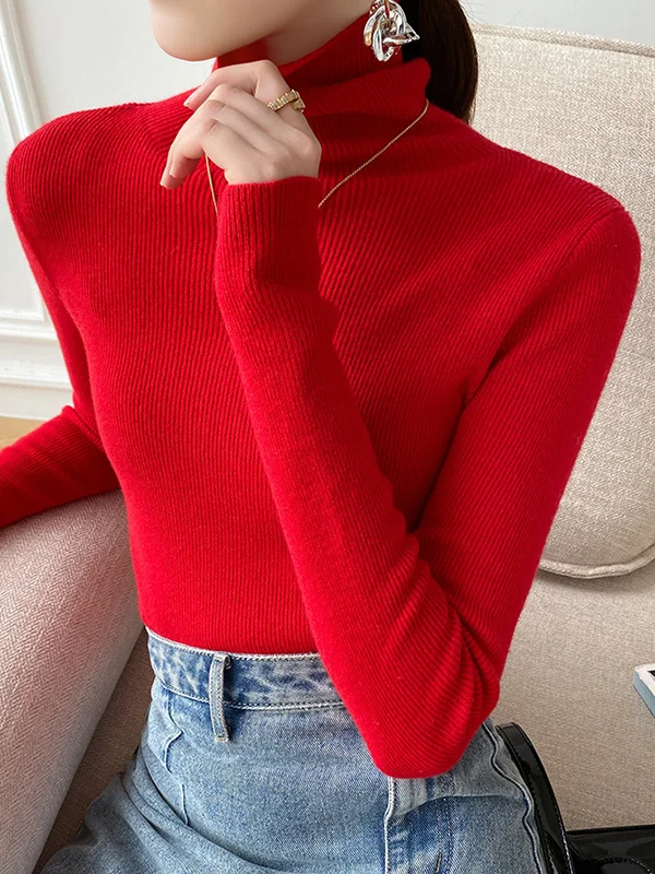Casual Skinny Long Sleeves Pure Color High-Neck Sweater Tops
