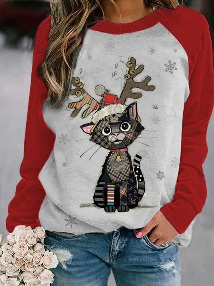 Cartoon Christmas Printed O-neck Long Sleeve Sweatshirt