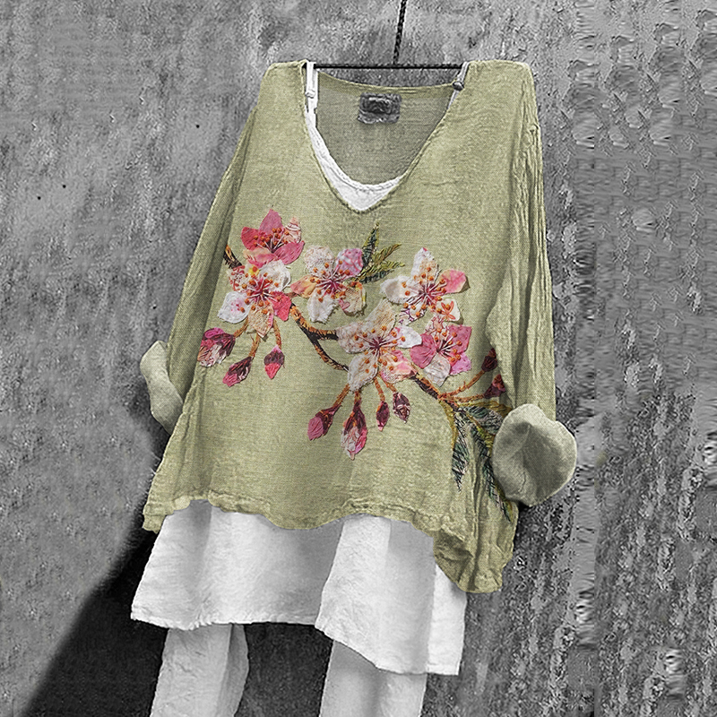 Comstylish Women's Vintage Flower Art Linen Casual V Neck T-shirt