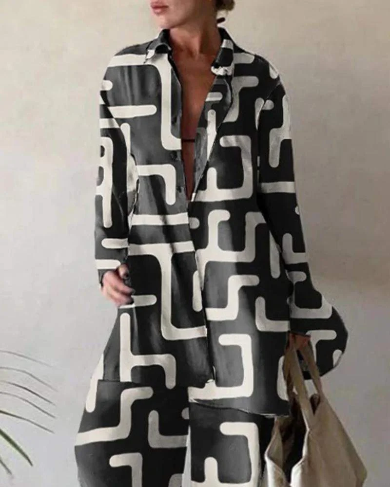 Printed Loose Long Sleeve Shirt + Straight Pants