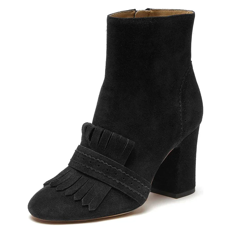 Black Vegan Suede Fringe Chunky Heel Boots |FSJ Shoes
