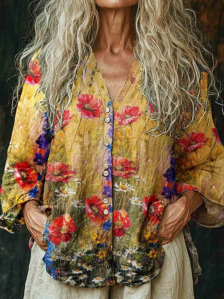 Womens Poppy Floral Casual Long Sleeve Comfortable Cotton and Linen Shirt
