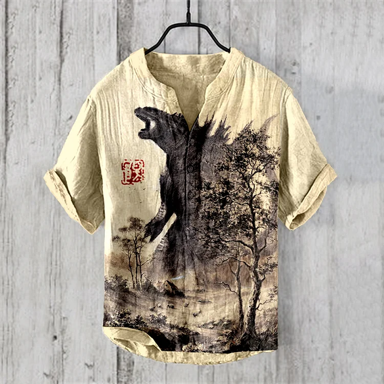 Vintage Godzilla Japanese Art Linen Blend Shirt