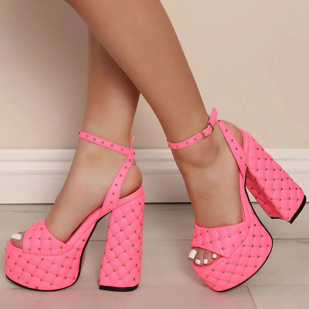 Pink Peep Toe Pumps Pearl Platform Pumps Chunky Heel Ankle Strap Pumps Nicepairs