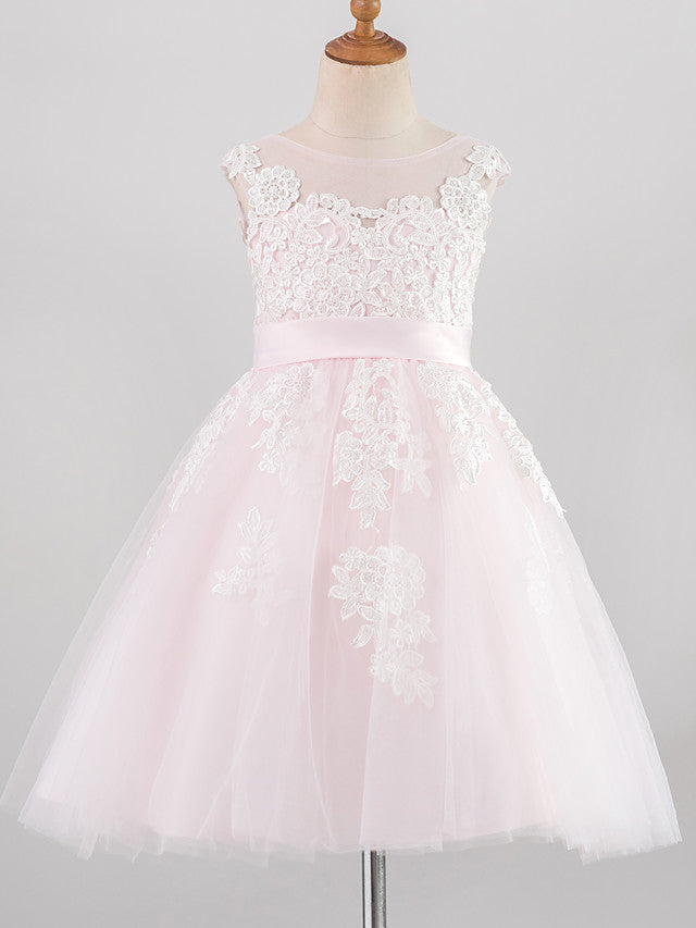 Oknass Sleeveless Jewel Neck Flower Girl Dresses Lace Satin Tulle With Belt Buttons Appliques