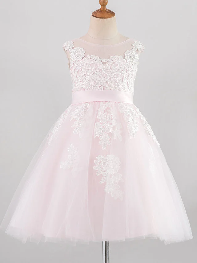Daisda Sleeveless Jewel Neck Flower Girl Dresses Lace Satin Tulle With Belt Buttons Appliques
