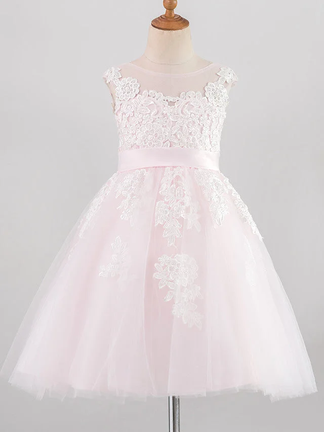 Hellodresses Sleeveless Jewel Neck Flower Girl Dresses Lace Satin Tulle With Belt Buttons Appliques