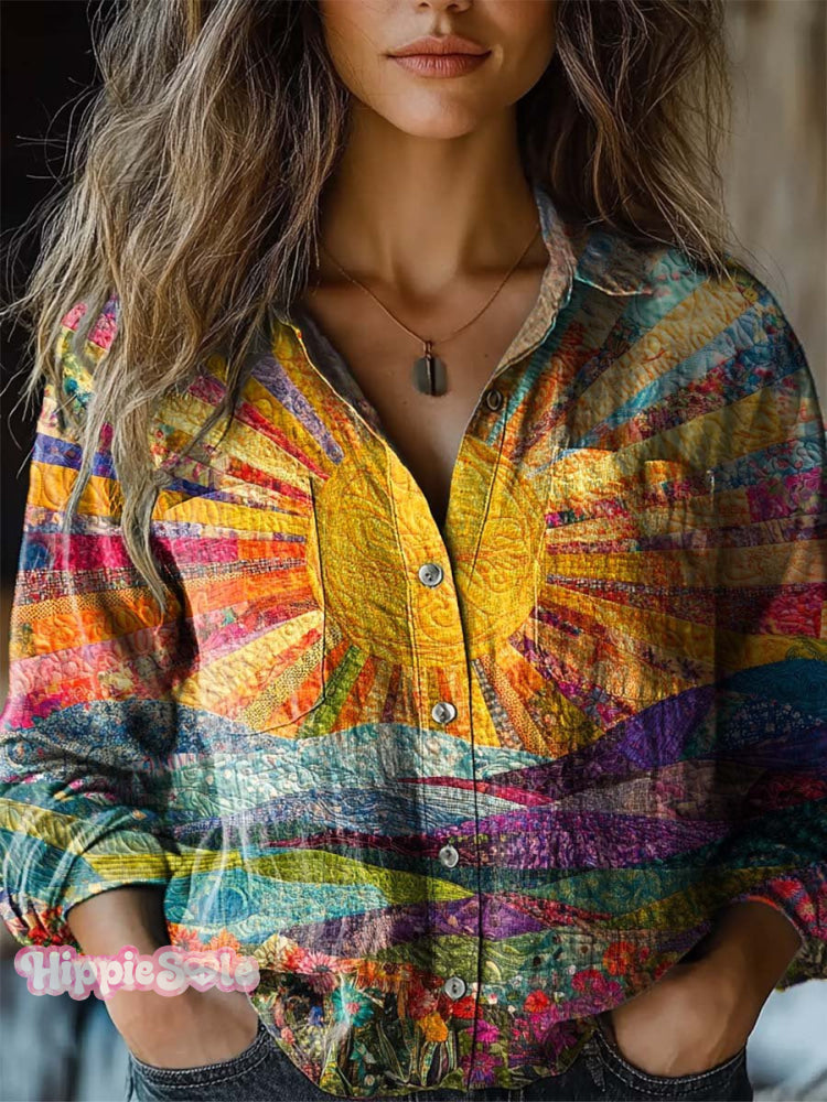 Women’s Lovely Sun Floral Patchwork Pattern Art Print Casual Long Sleeve Comfortable Cotton Shirt