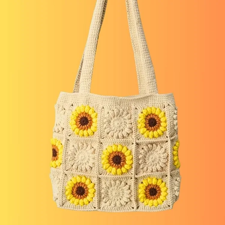 Lulusnow Handmade White Beige Classic Sunflower Crochet Granny Square Bag Crochet Shoulder Bag 