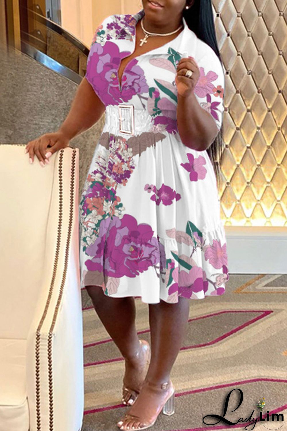 Purple Casual Print Patchwork Fold Turndown Collar A Line Plus Size Dresses