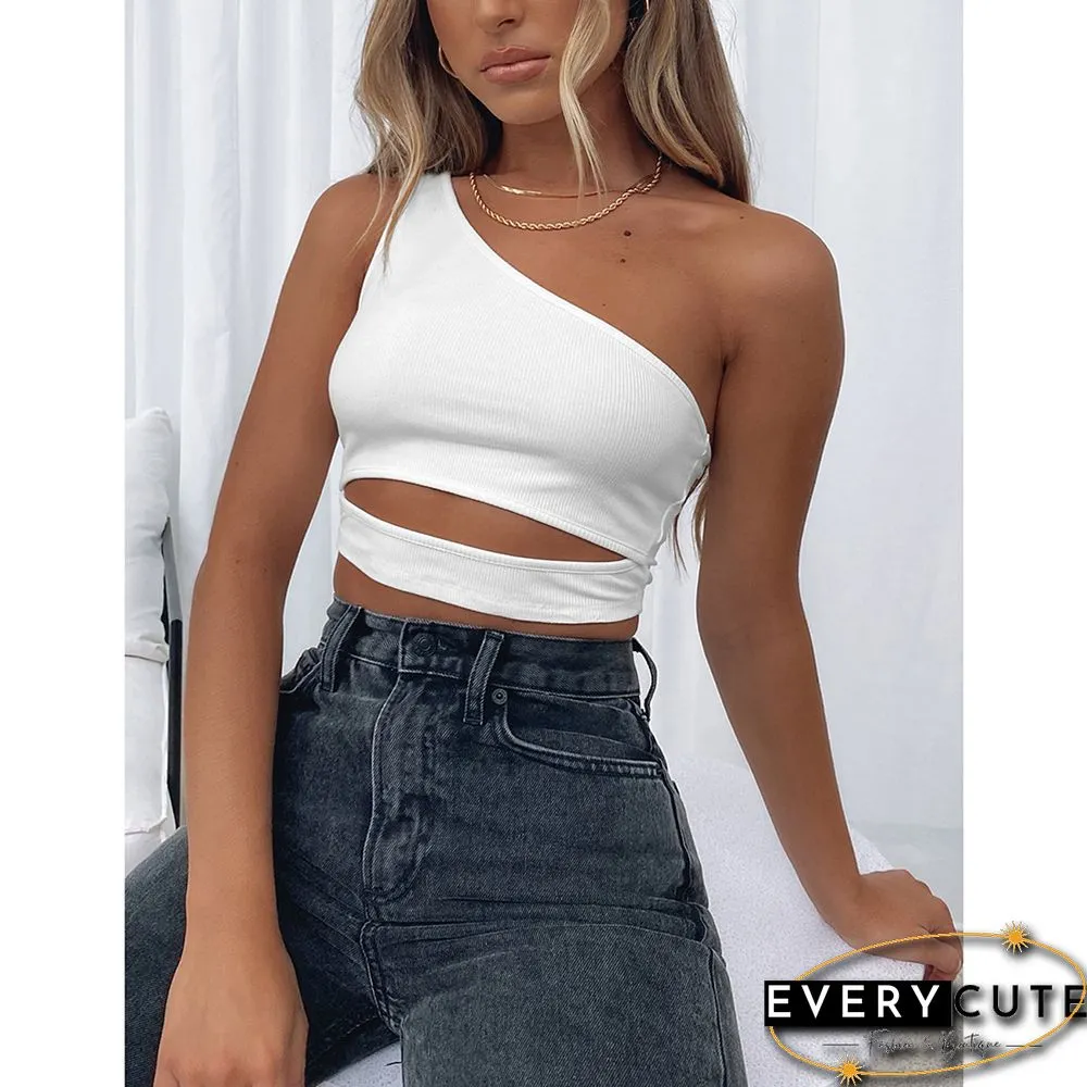 White Rib One Shoulder Crop Top