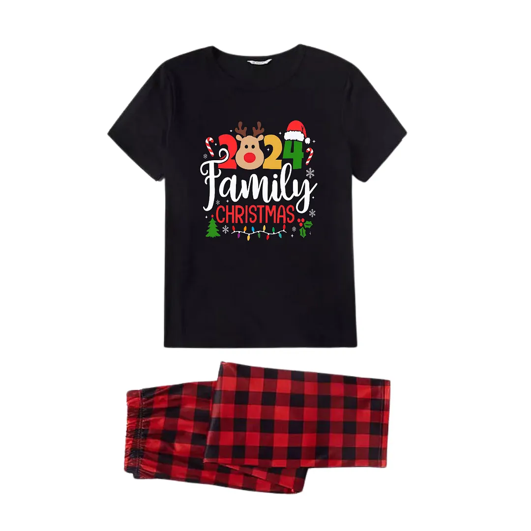 "Family Christmas 2024" Text and Deer Prints Black Short Sleeve with Red & Black Plaid Pant Family Matching Pajamas