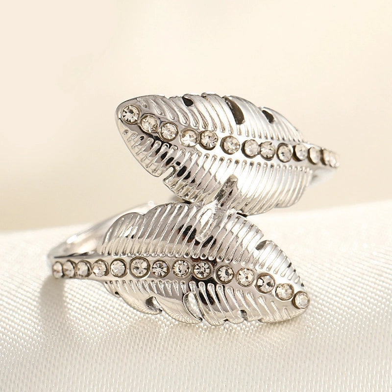 2 Pieces Modern Style Classic Style Geometric Leaf Heart Shape 304 Stainless Steel Zircon 18K Gold Plated Plating Open Rings