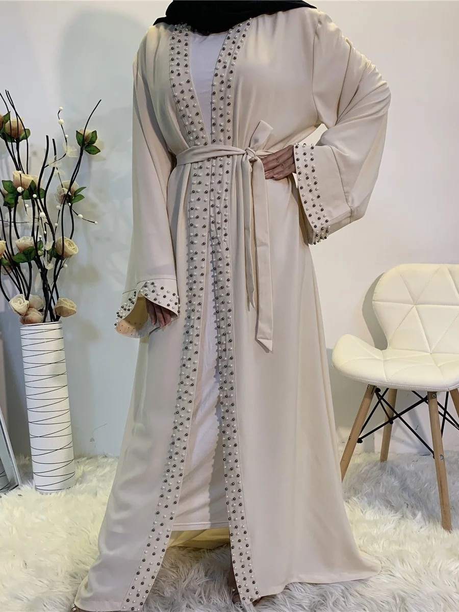 Women's Solid Color with Pearl Beads Long Sleeve Abaya