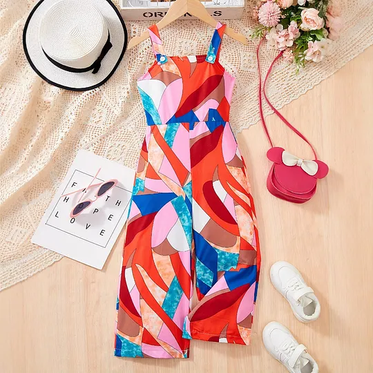 【3Y-10Y】Girls Casual Vintage Pattern Print Boho Sling Jumpsuit