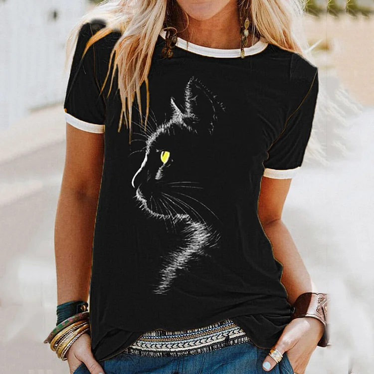 Cat Print Short Sleeve Casual T-Shirt