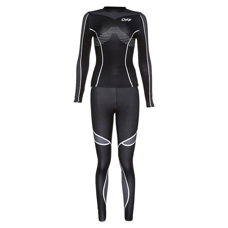 women High elastic tracksuit fitness two pieces set full sleeve top + high waist leggings print striped sporting outfits