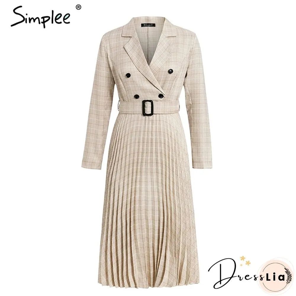 Vintage pleated belt plaid dress women Elegant office ladies blazer dresses Long sleeve female autumn midi party dress