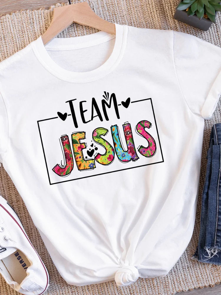 Vefave Team Jesus Print Casual Crew Neck Short Sleeve T Shirt