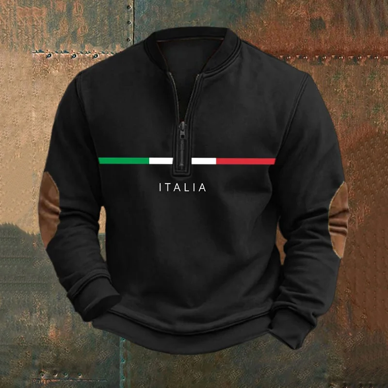 Felpa casual con cerniera stampata vintage Italia da uomo