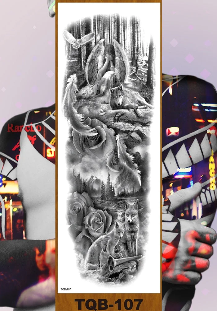 Full Flower Arm Temporary Tattoo Sticker Man Woman Body Leg Art Fake Tatoo Beauty & Snake Bear Owl Fox Mermaid Egypt Queen Sexy
