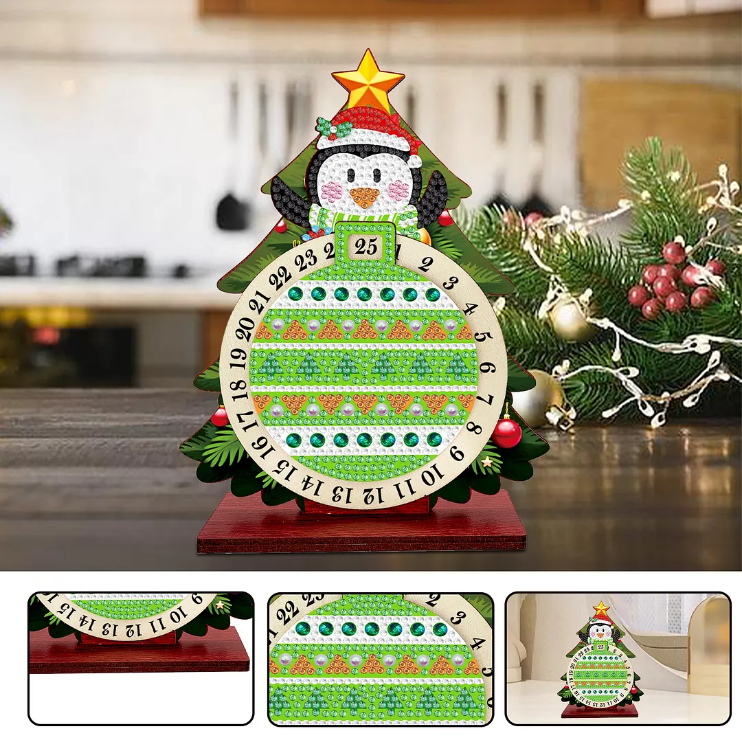 Penguin DIY Christmas Countdown Diamond Painting Tabletop Ornaments Kit 25 Days Crystal Art Craft Decoration Wooden for Living Room Home Office Decoration