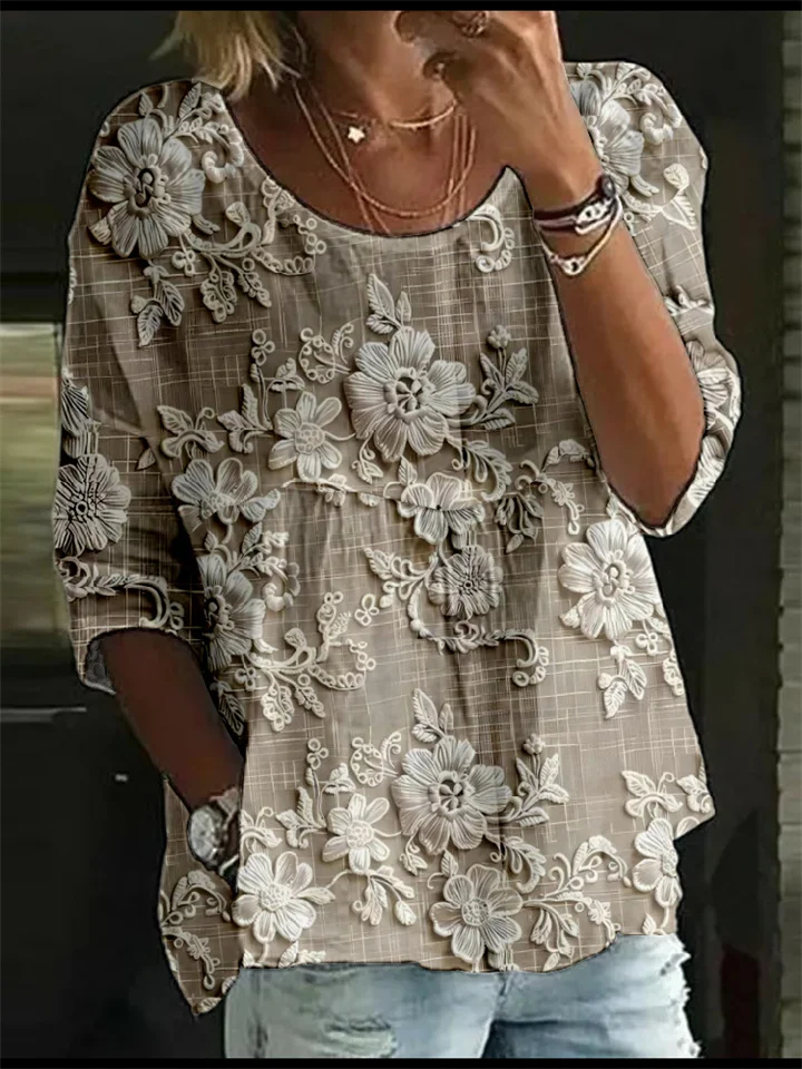 Women's T-Shirt Loose Printed Mid Sleeve Pleated Round Neck Top
