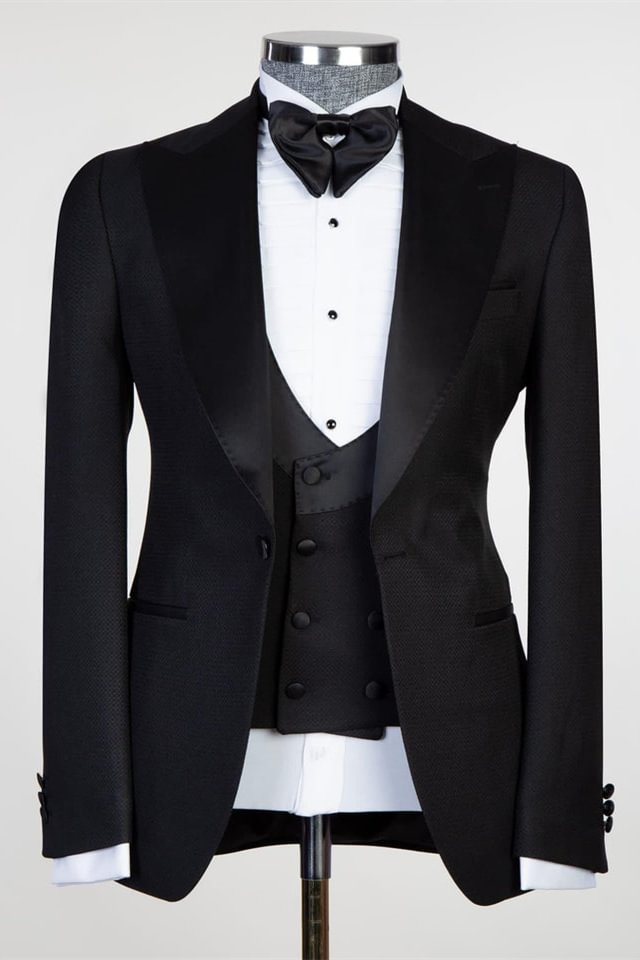 Three Pieces New Arrival Black Men Suits With Satin Peaked Lapel | Ballbellas Ballbellas