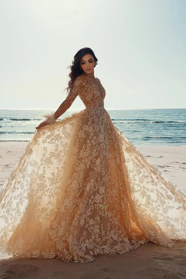 Stunning A-line Train Long Wedding Dress With Lace | Ballbellas Ballbellas